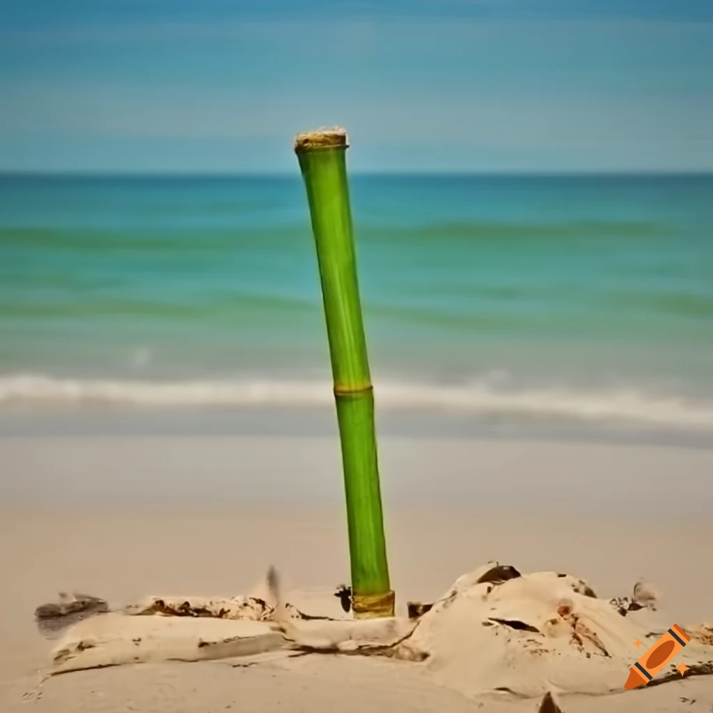 green bamboo on a sandy beach