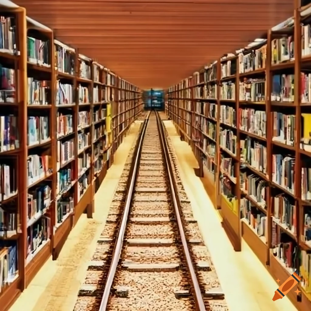 Library with train track running through shelves on Craiyon
