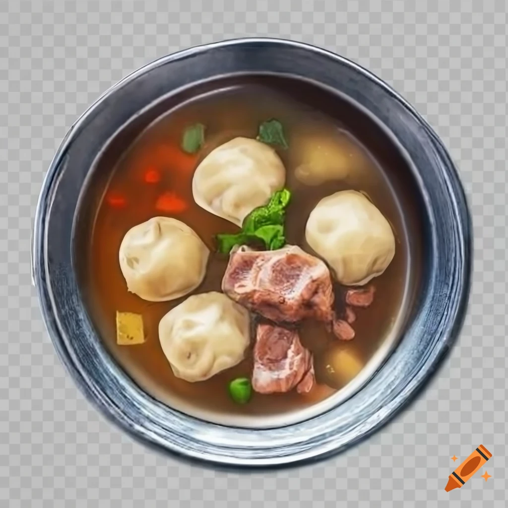 watercolor drawing of soup with dumplings and meat chunks