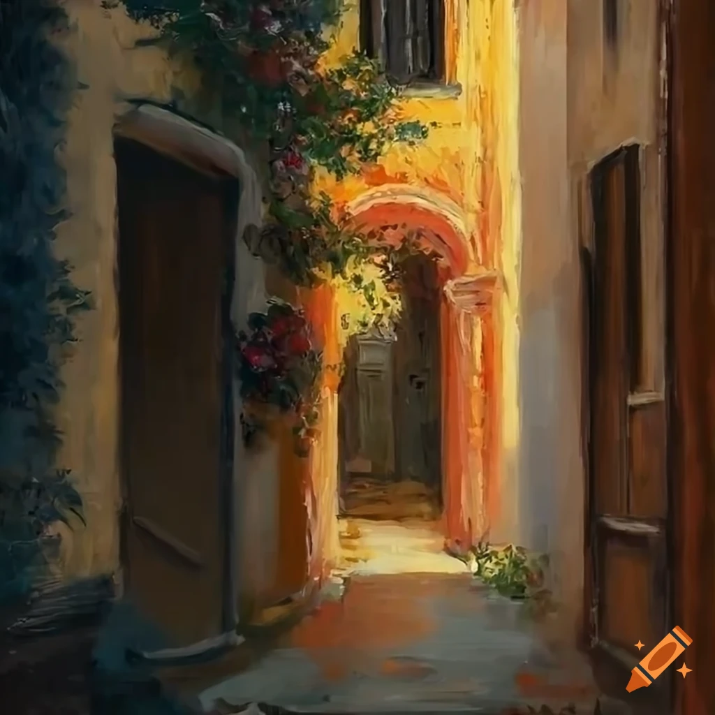 impressionist painting of a charming Italian house with a courtyard
