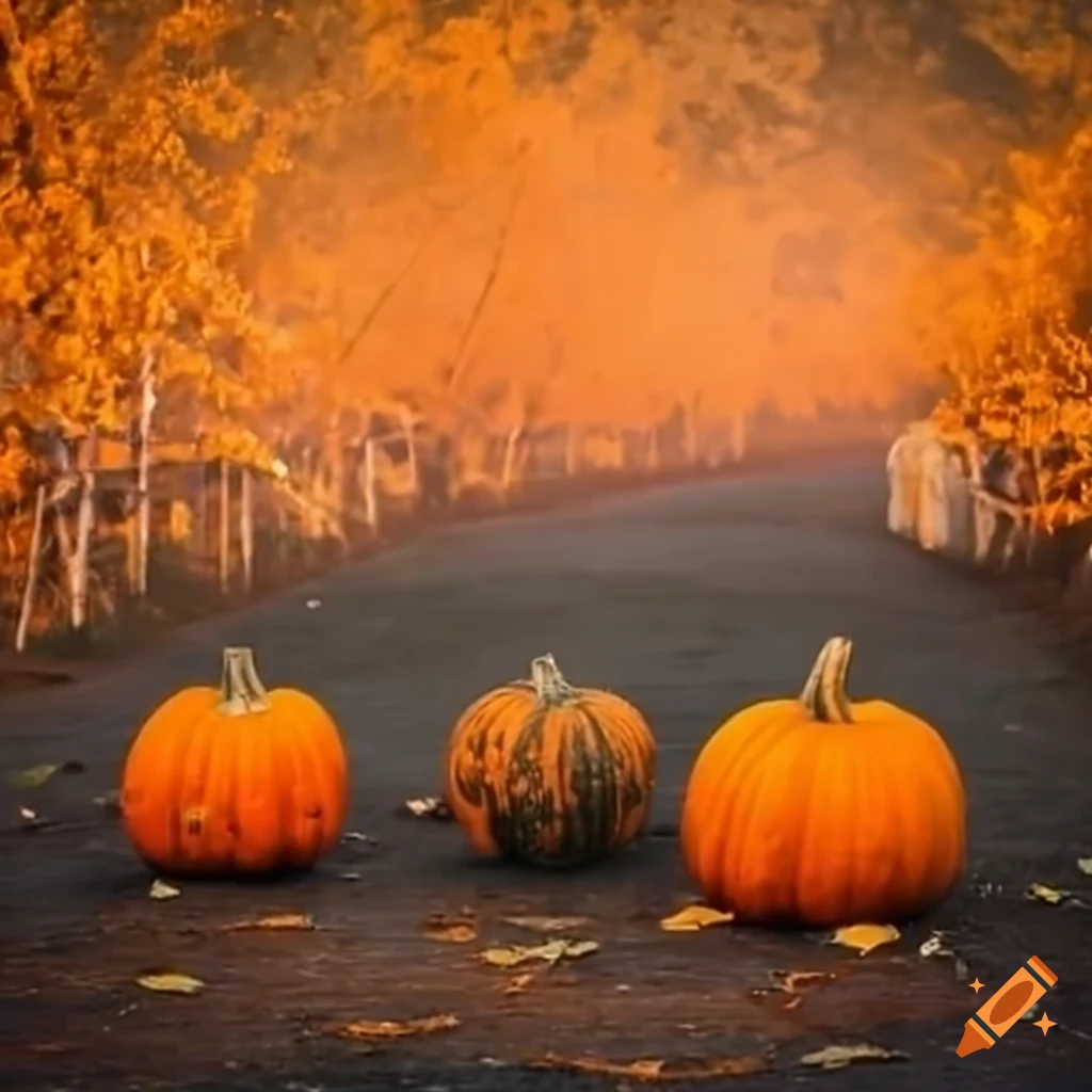 wheelbarrow filled with pumpkins on a foggy day