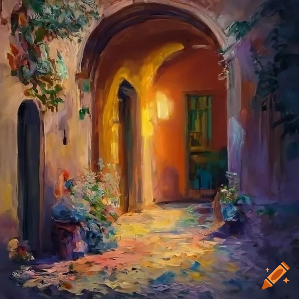 impressionist painting of an inviting Italian house with a beautiful courtyard