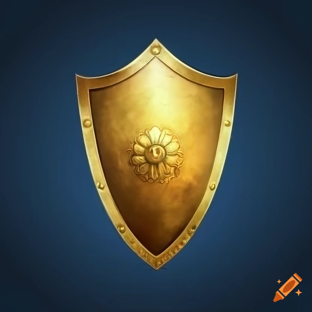 detailed golden shield with sun emblem on dark blue background