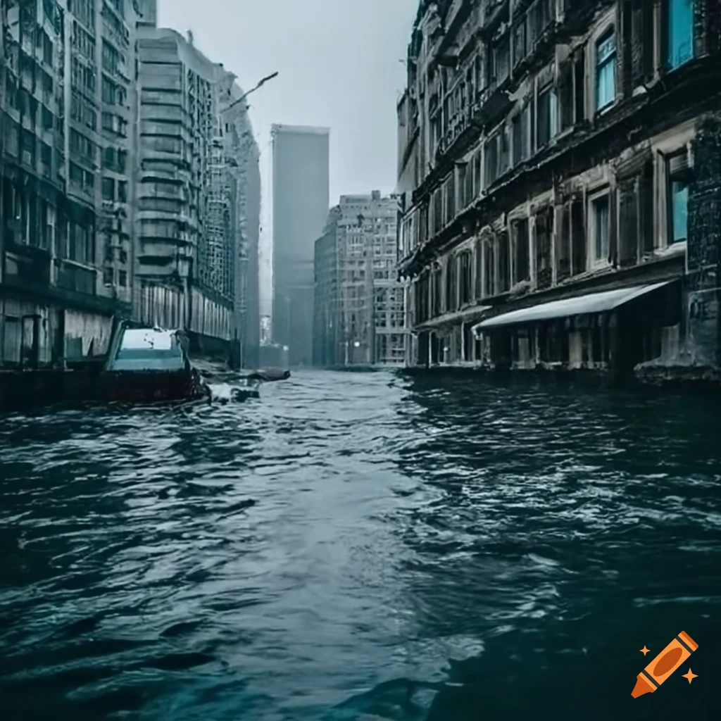 moody urban cityscape with flooded streets