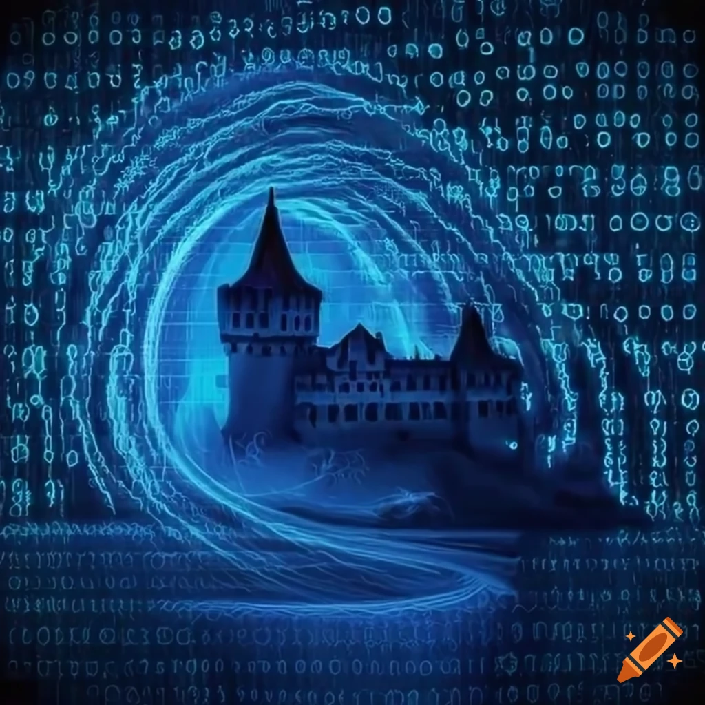 Digital artwork of a castle with blue binary code swirls on Craiyon