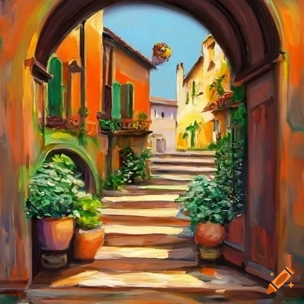 Oil painting of a beautiful italian courtyard