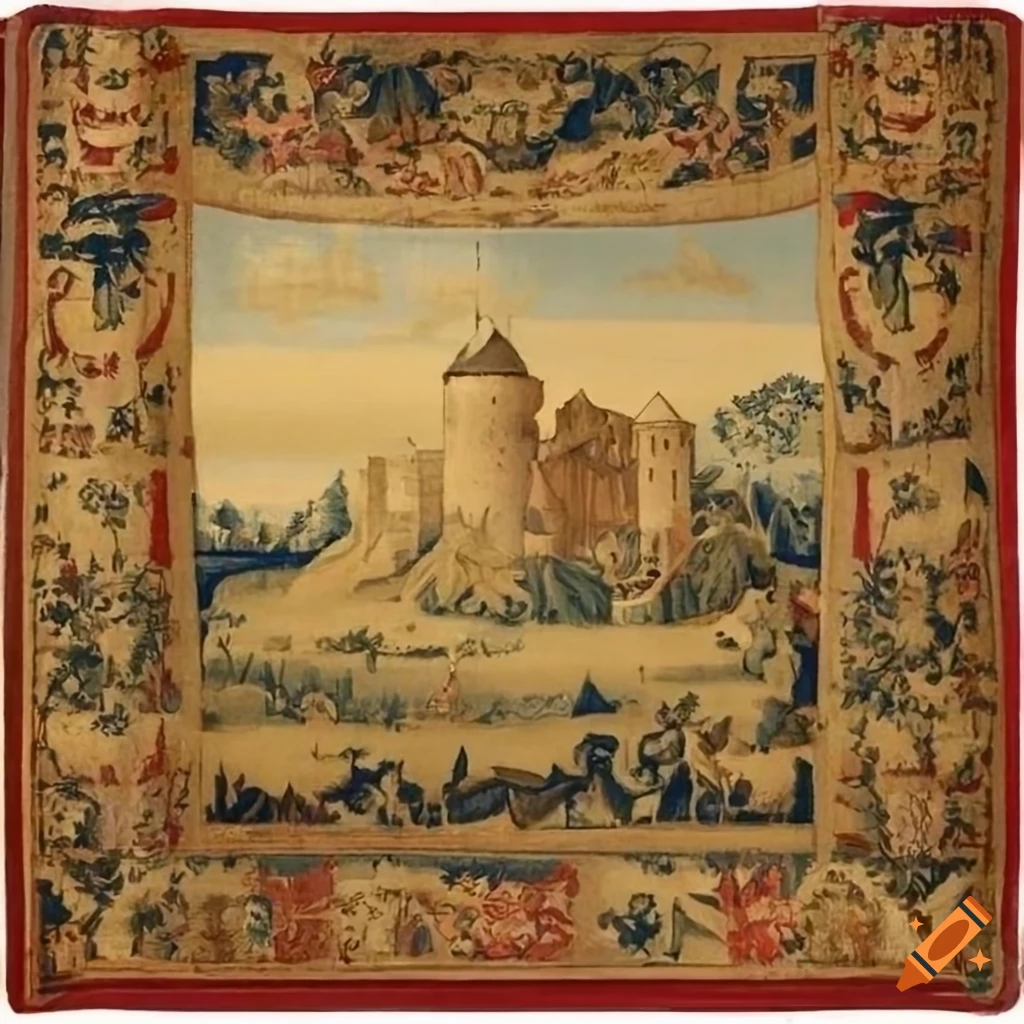 medieval tapestry with a woman and a dog under a tree
