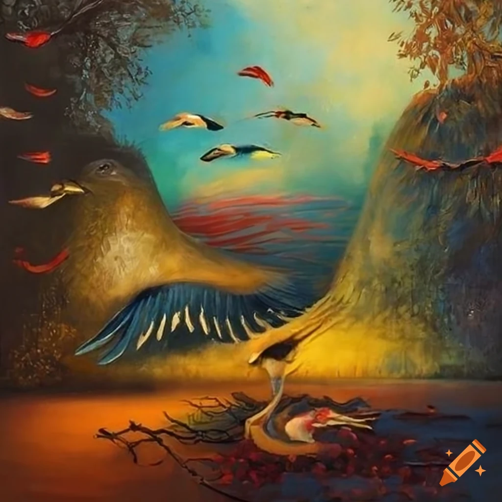 surrealistic landscape painting with birds