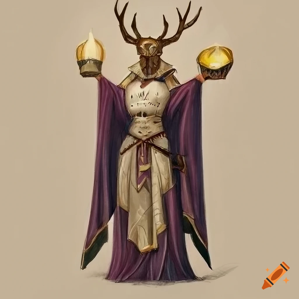 concept art of a priestress with a skull deer mask