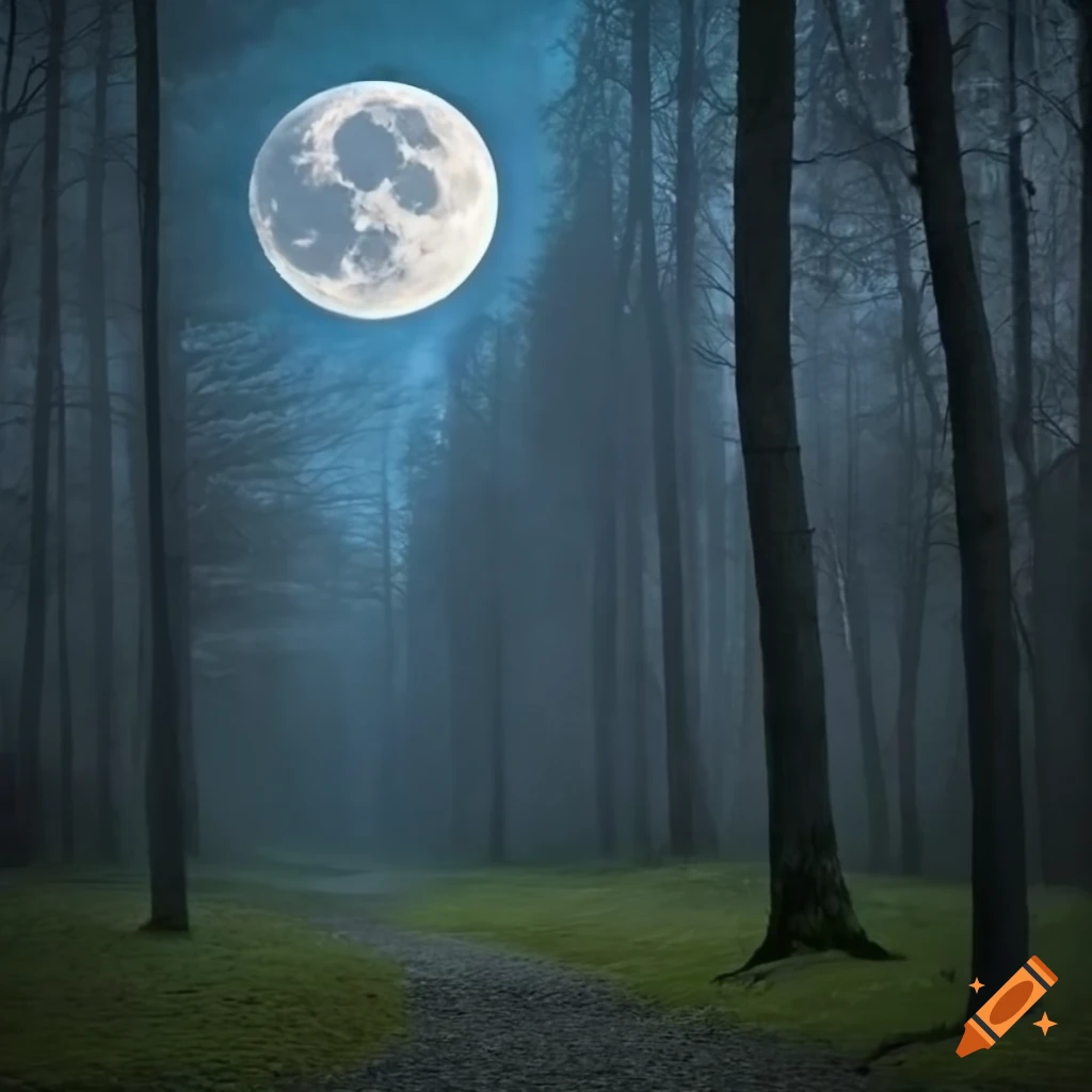 paysage portrait of a forest under the full moon at night
