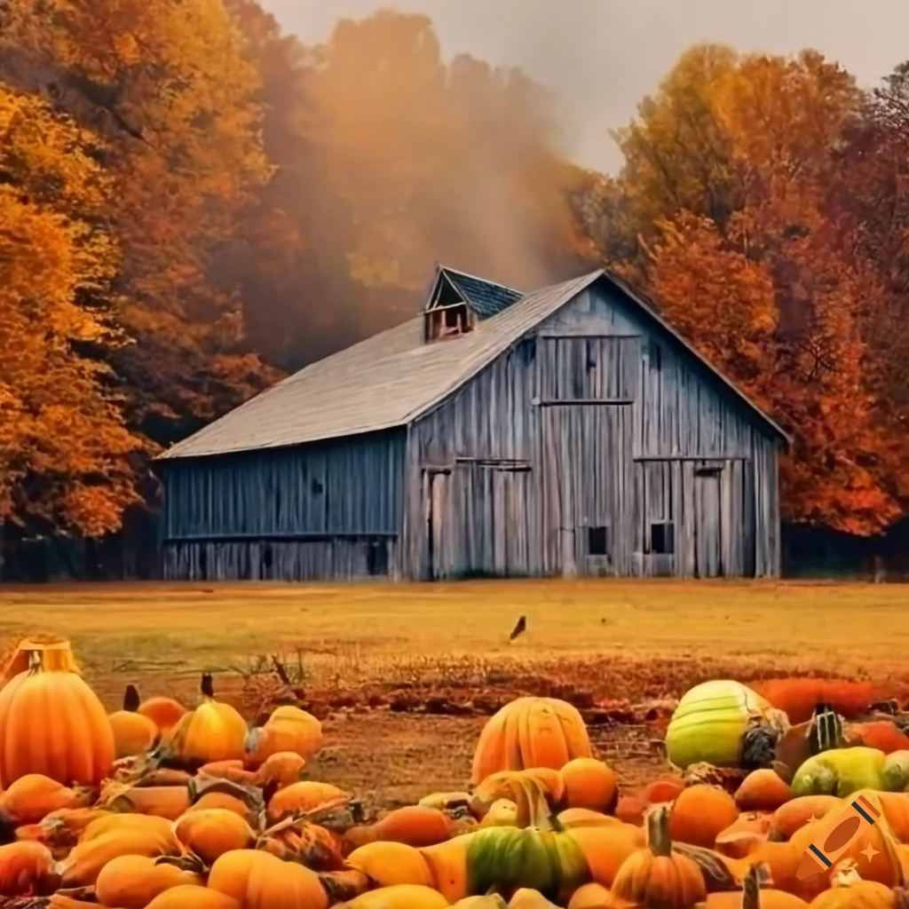 Rustic barn surrounded by autumn trees and pumpkins