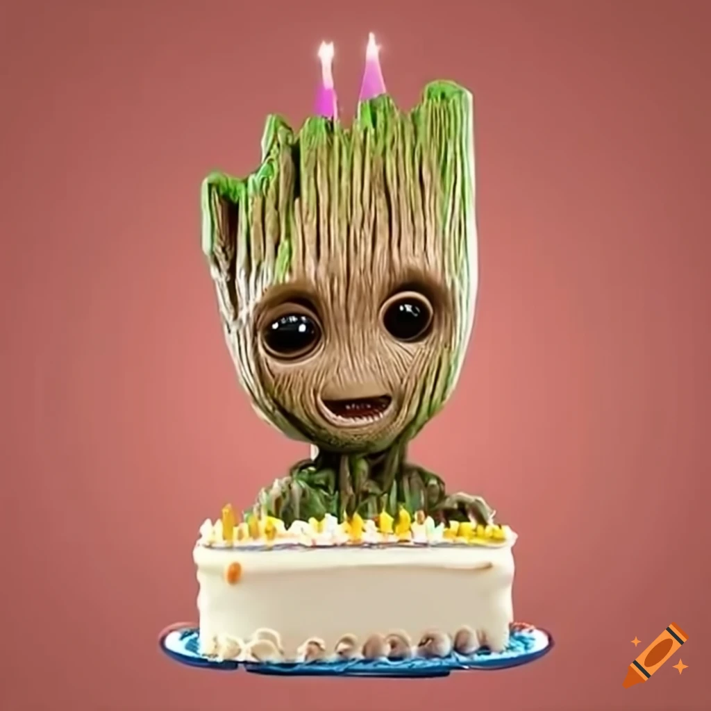 Baby groot holding a birthday cake on Craiyon
