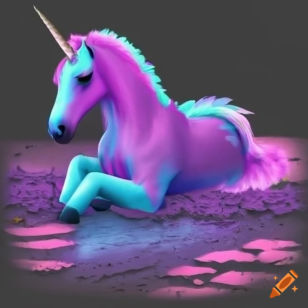 realistic image of a unicorn covered in shimmering purple, pink, and blue mud