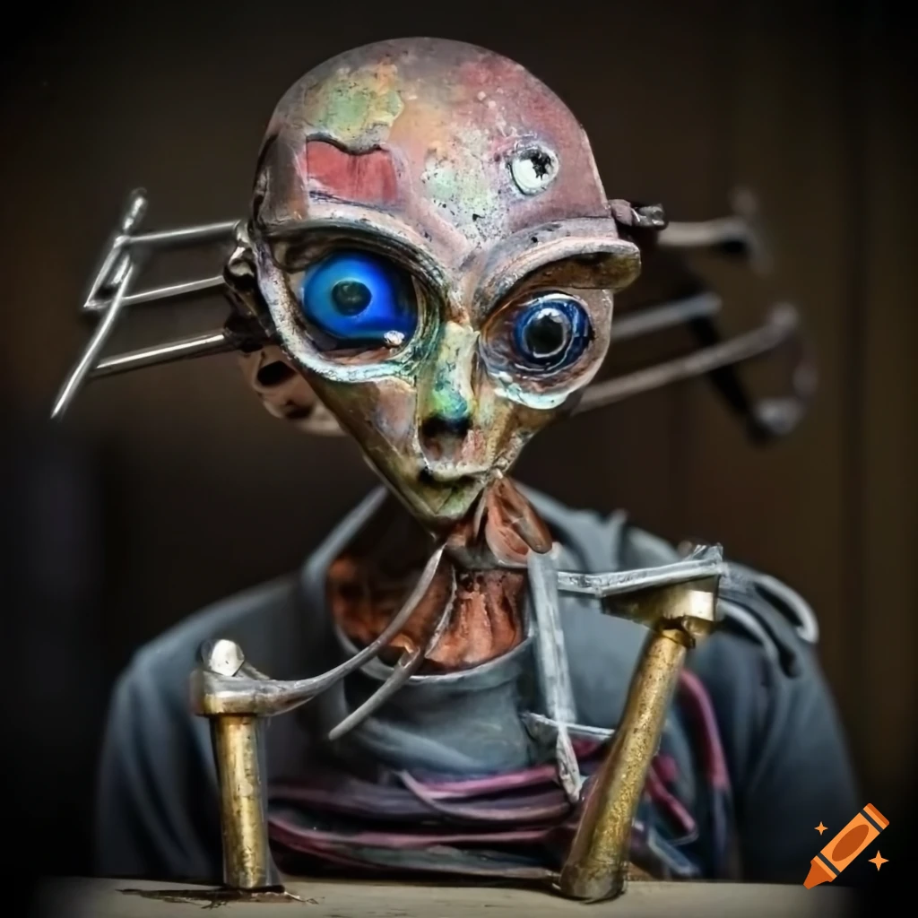 alien sculpture made of found objects