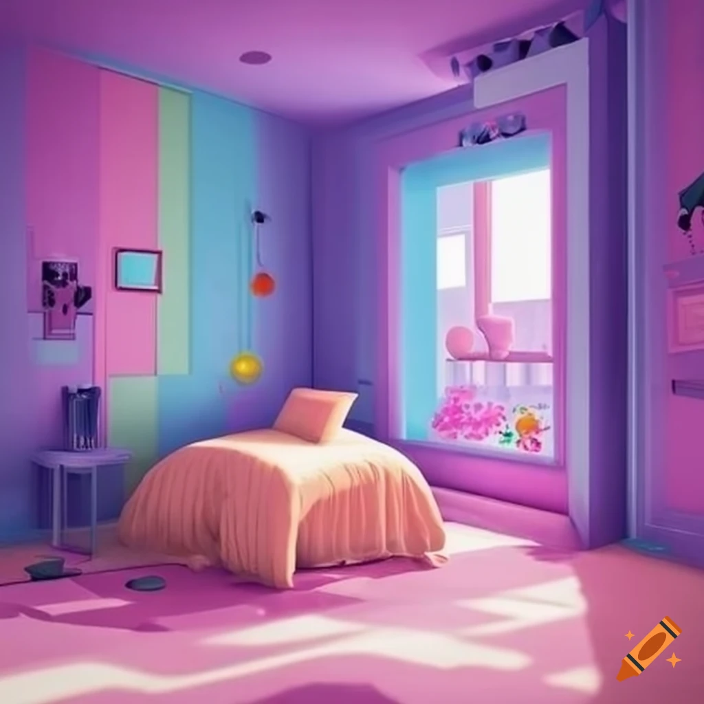Cozy pastel-themed bedroom in a video game puzzle level