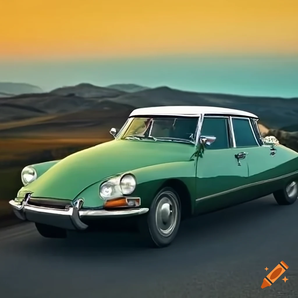 green vintage car driving on a road in California