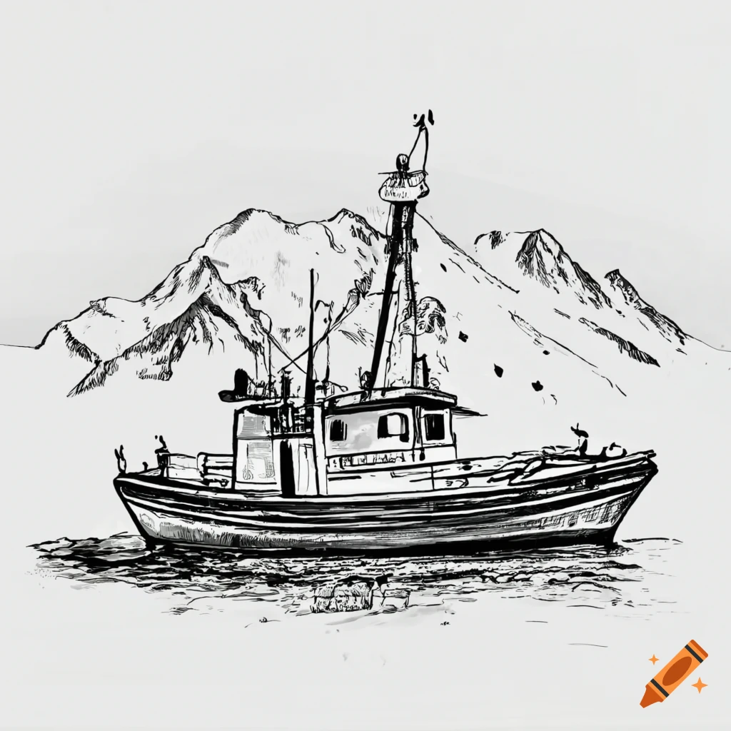 Small boat, detailed, vector art, closed lines, black and white on