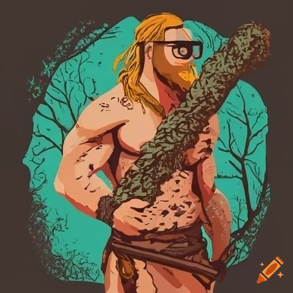 image of a bespectacled barbarian carrying a tree