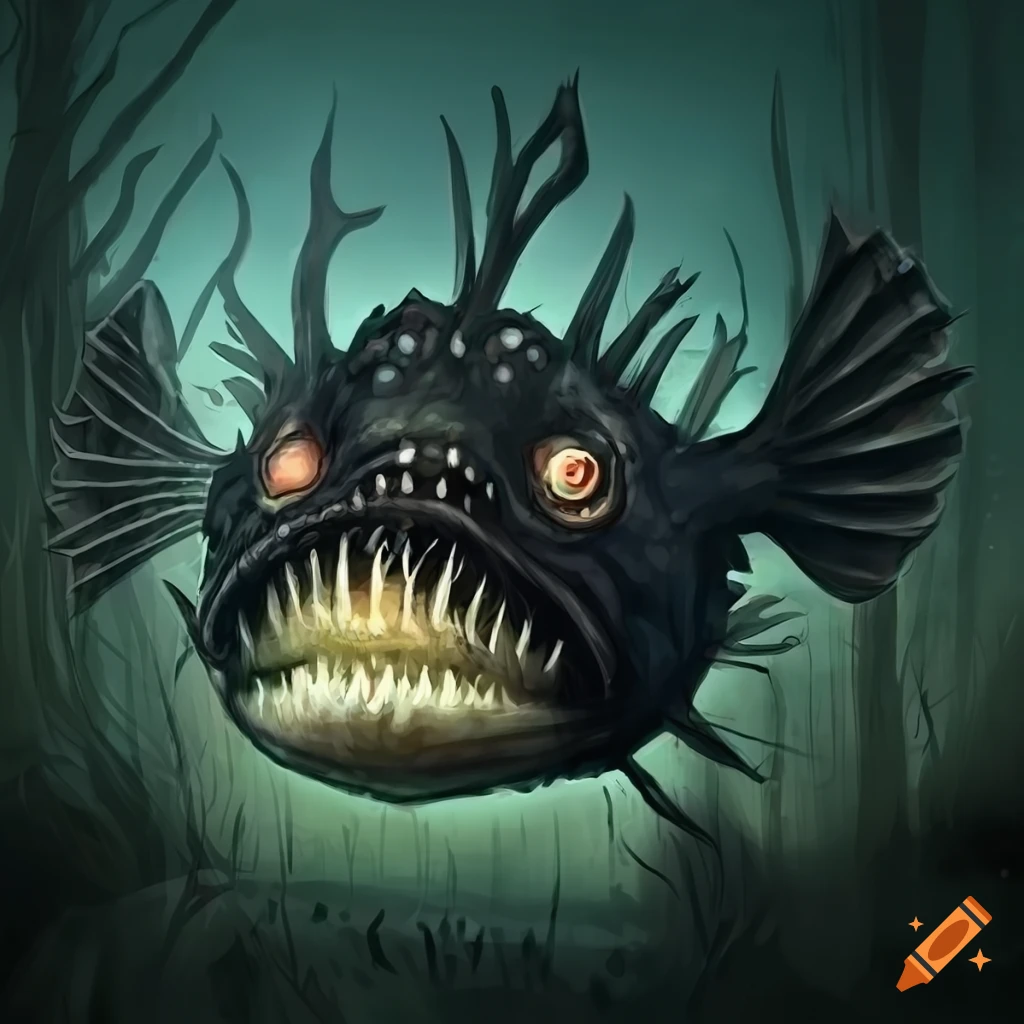 Fantasy artwork of a dark anglerfish pufferfish in a swamp on Craiyon
