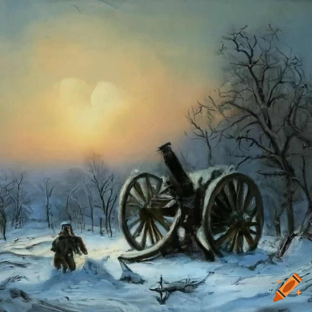 painting of artillery battle in winter with an officer