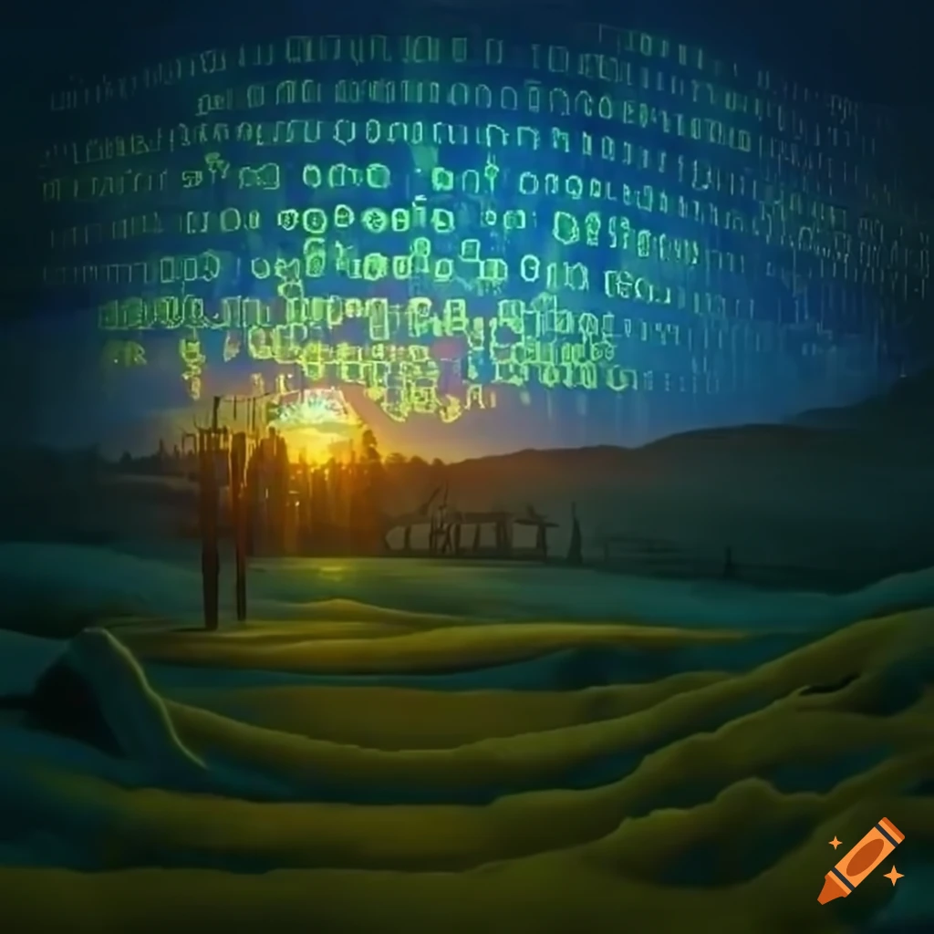 Digital art of a medieval landscape with binary code on Craiyon