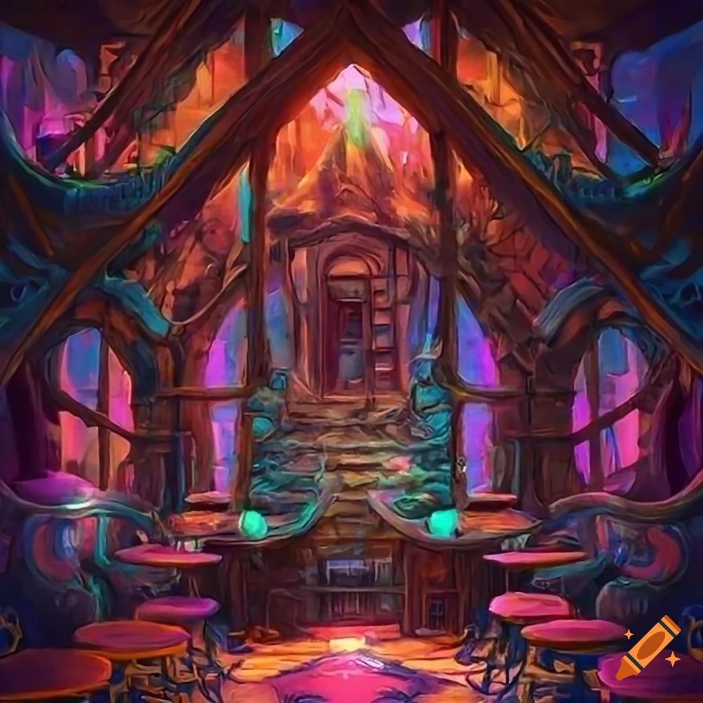 Digital painting of an ornate wooden tree house cafe on Craiyon