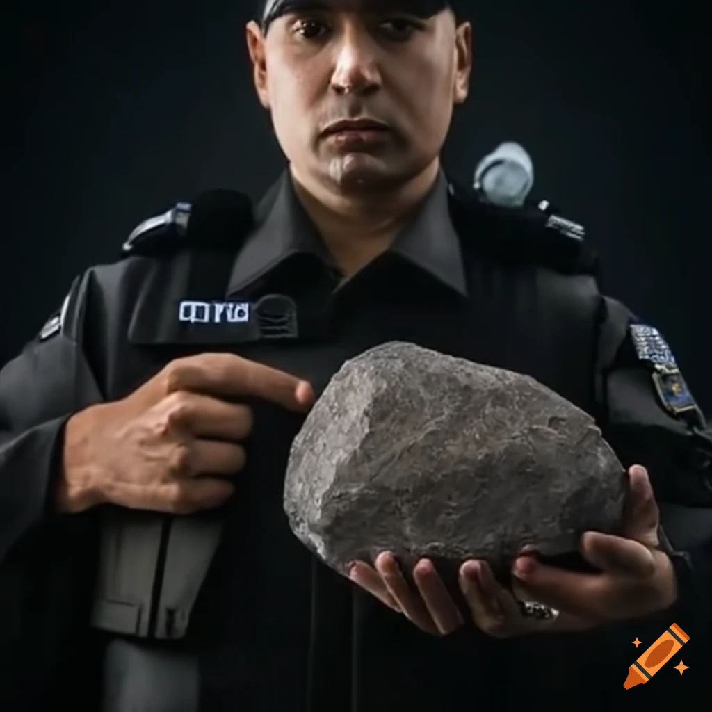 symbolic image of a police officer holding a massive stone