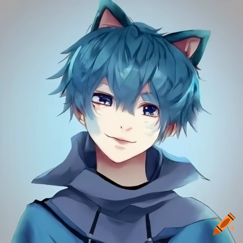anime illustration of a cat boy with blue hair