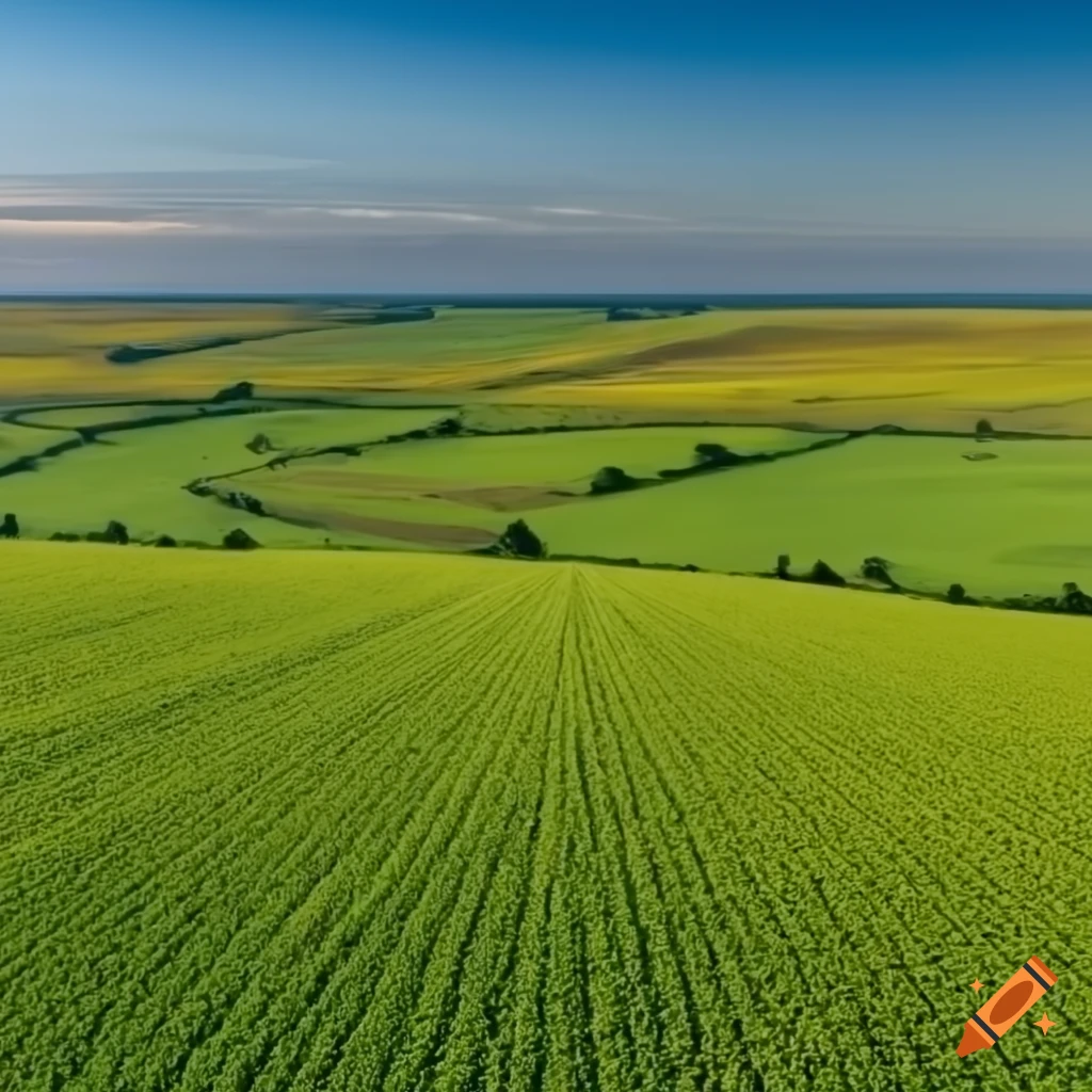 Photorealistic aerial view of a flat grassland