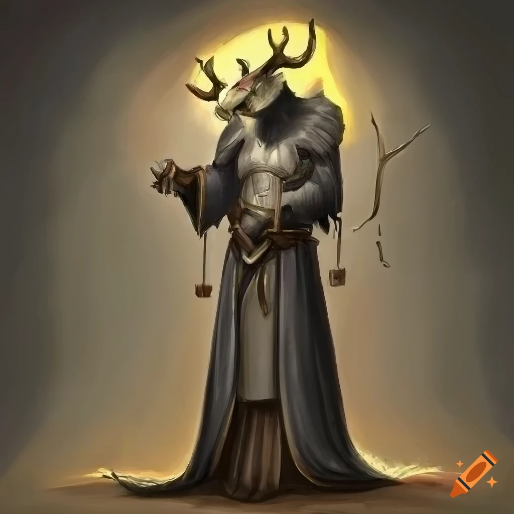 concept art of a priestress with a skull deer mask