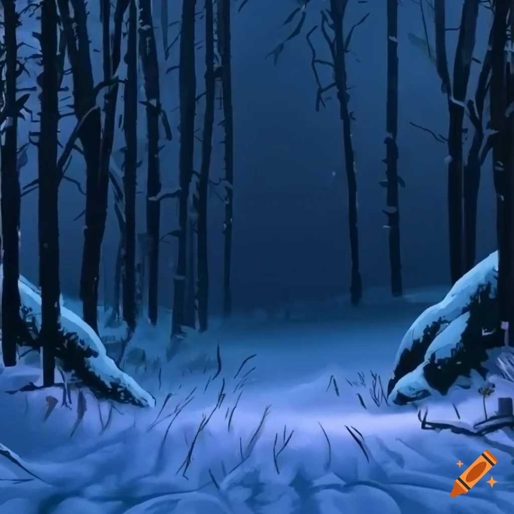 nighttime view of a snowy forest