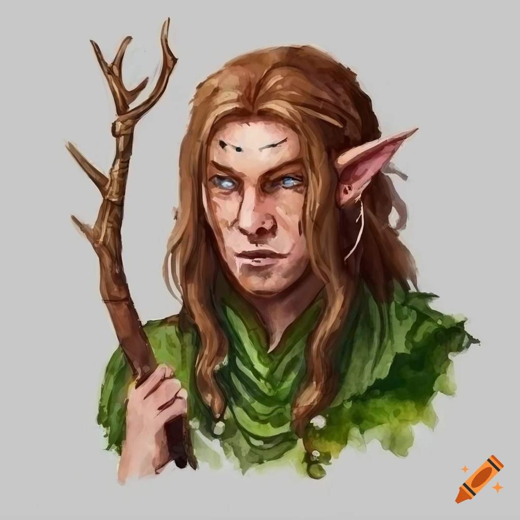 watercolor painting of a male elf druid character
