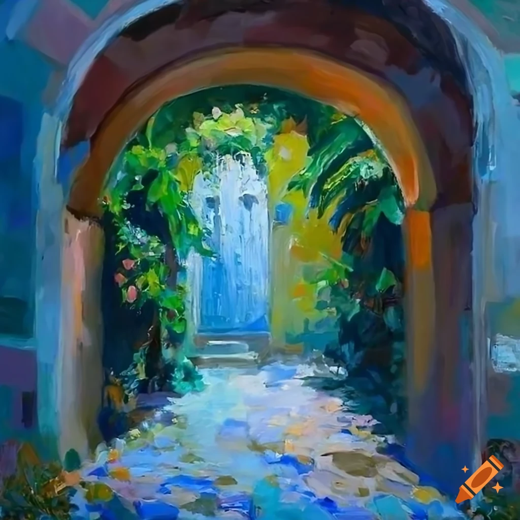 impressionist painting of an inviting Italian house with a beautiful courtyard