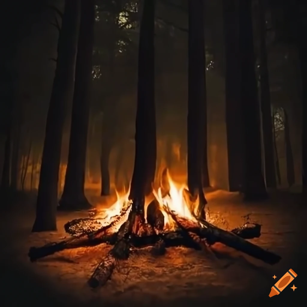 eerie campfire in a dark forest