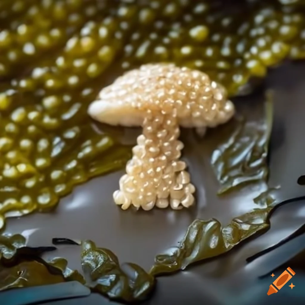 gourmet mushroom made of caviar on seaweed