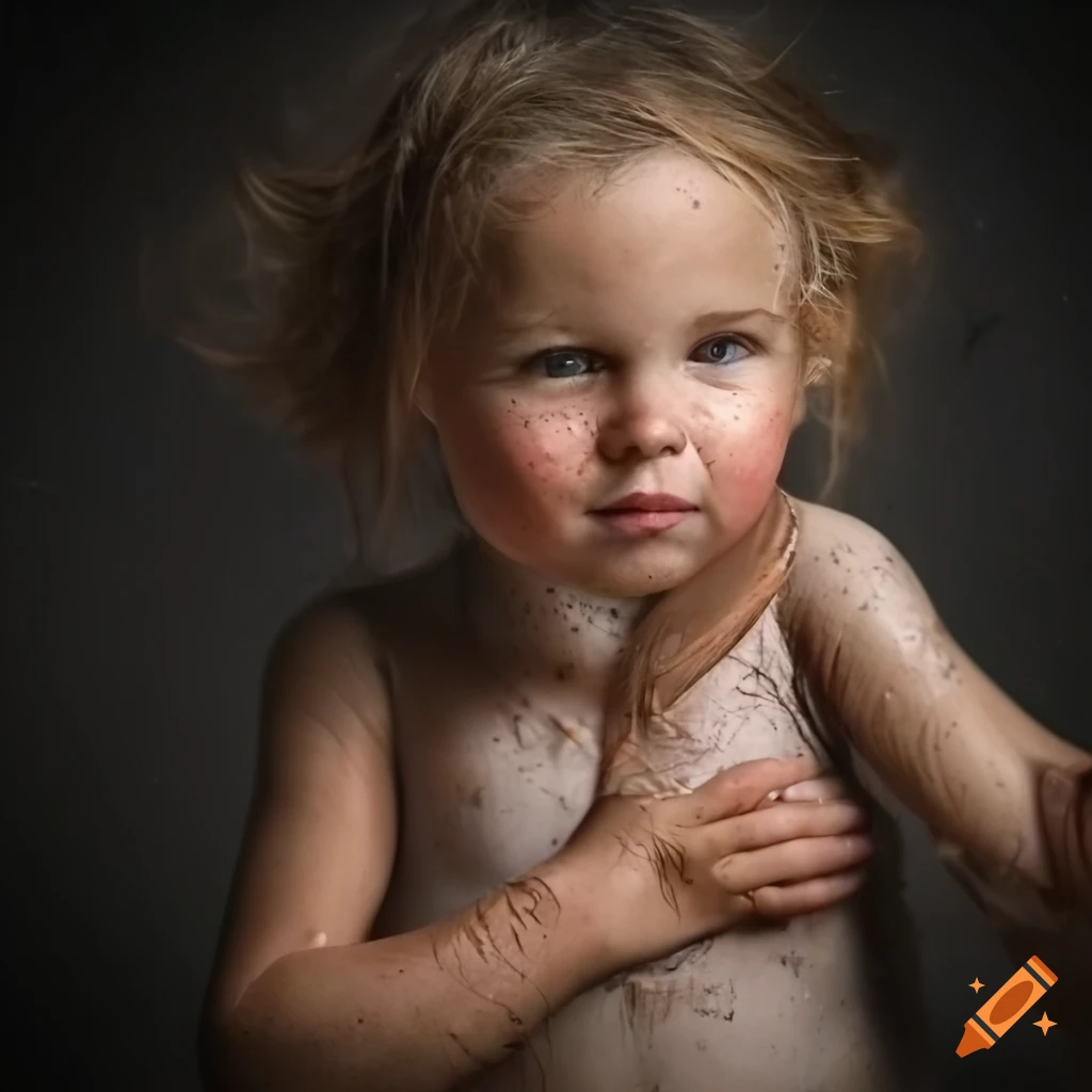 a young girl covered in mud