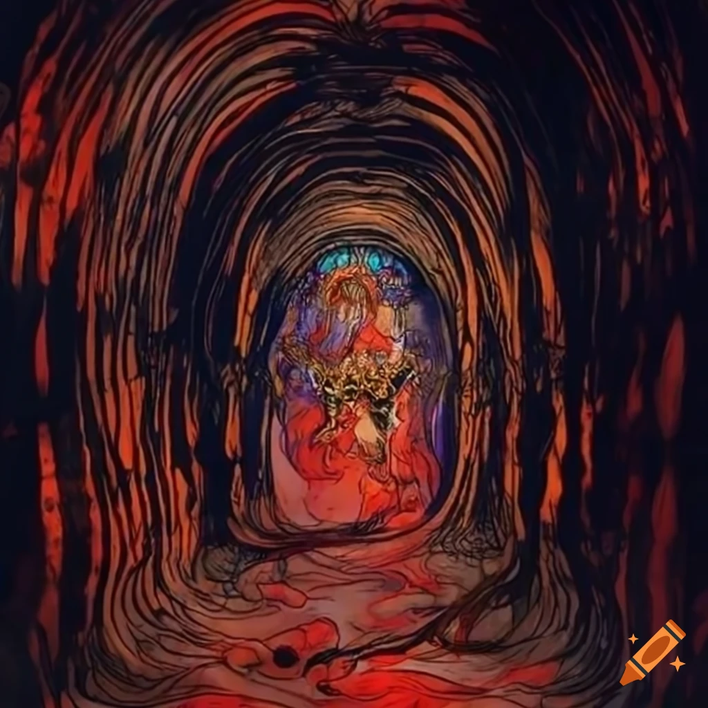 artistic tunnel illustration in the style of Yoshitaka Amano