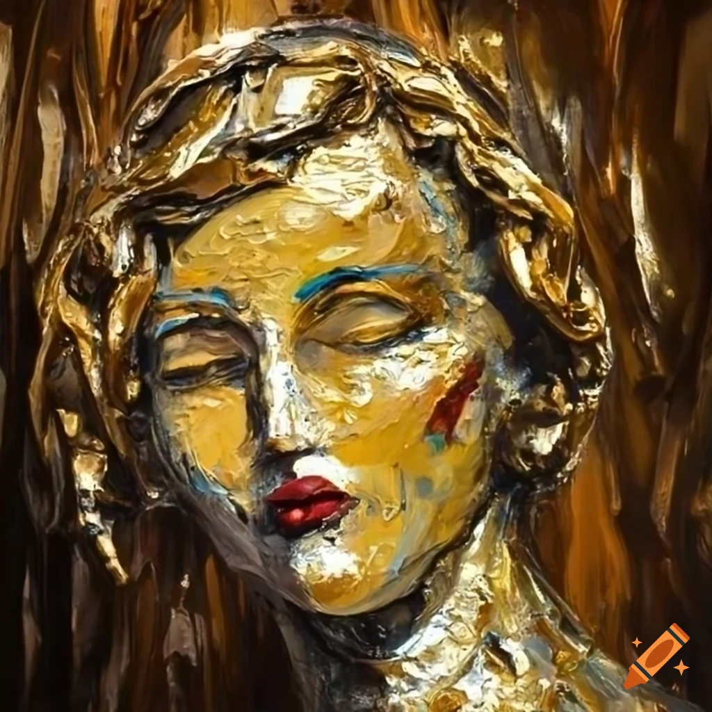 Impasto painting of a golden female statue on Craiyon