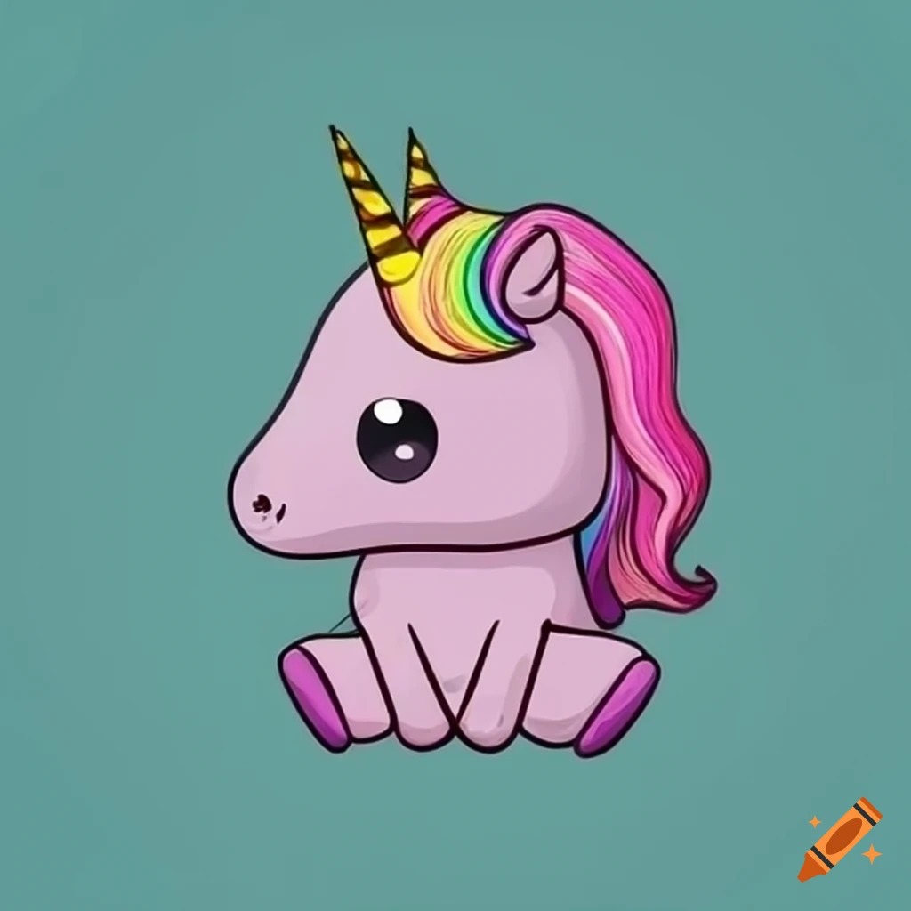 Cute chibi style fluffy unicorn with golden horn and rainbow mane on Craiyon