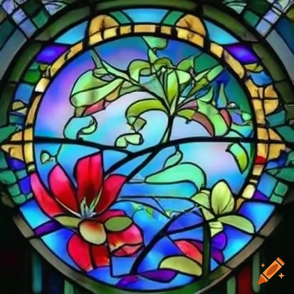 Digital art of stained glass with lilies, roses, and rainbow