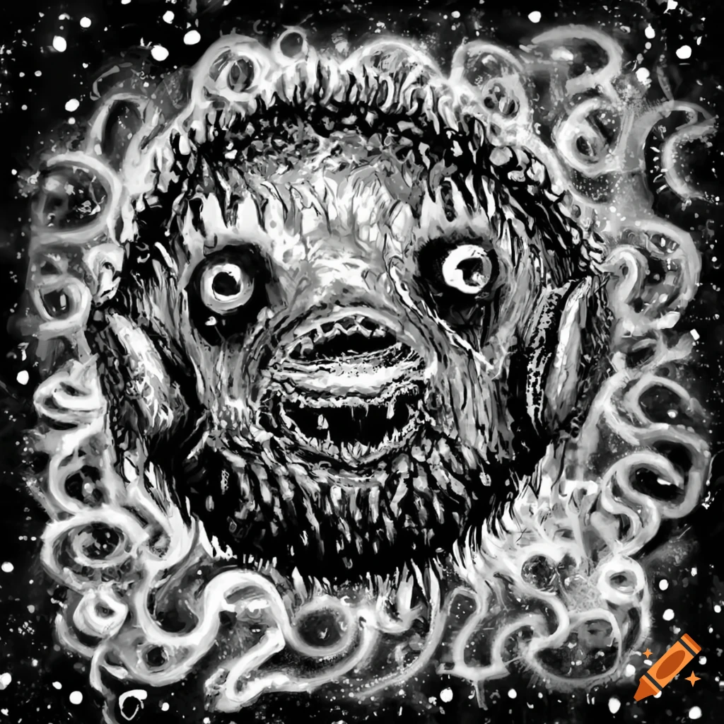 black and white cosmic horror pufferfish