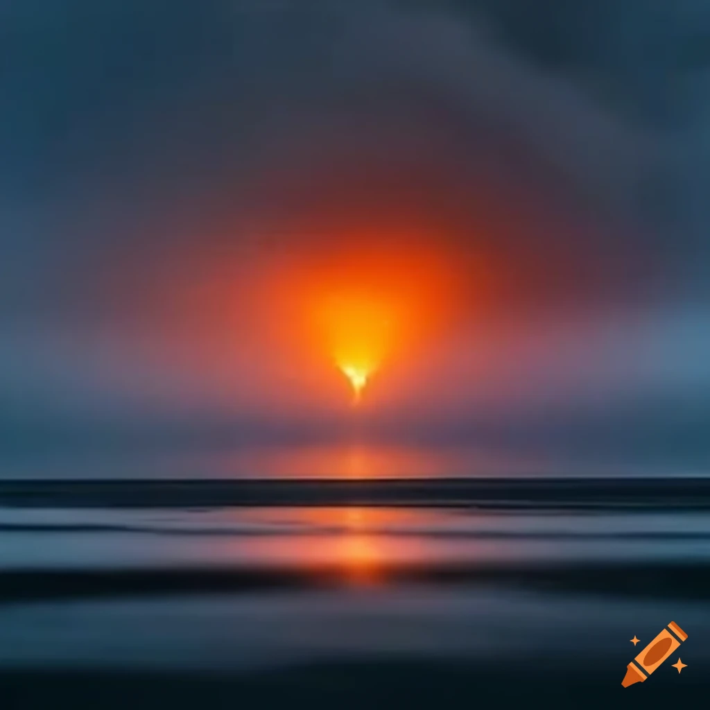 rocket launching at a heart-shaped sun on a sandy beach