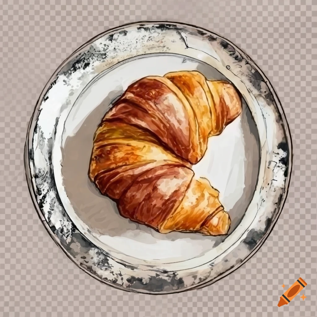 Watercolor drawing of a ham and cheese croissant on a vintage plate