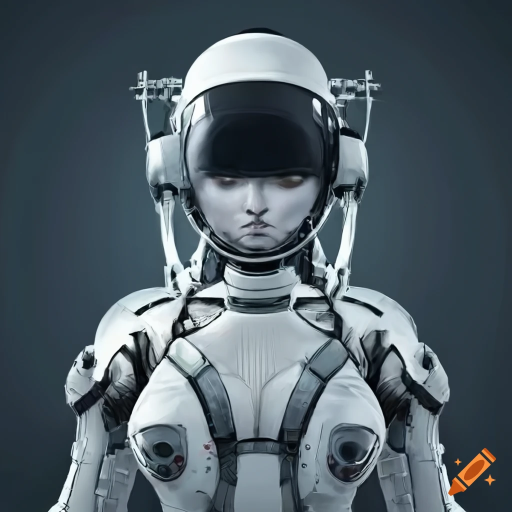 futuristic female astronaut in white exoskeleton suit