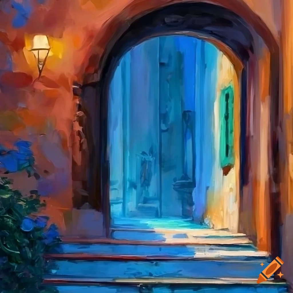 oil painting of a charming Italian courtyard at dusk