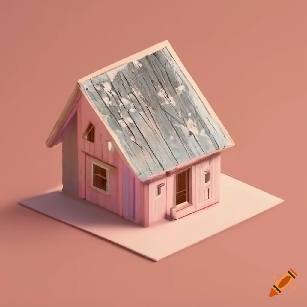 photorealistic isometric view of a cute rustic dollhouse