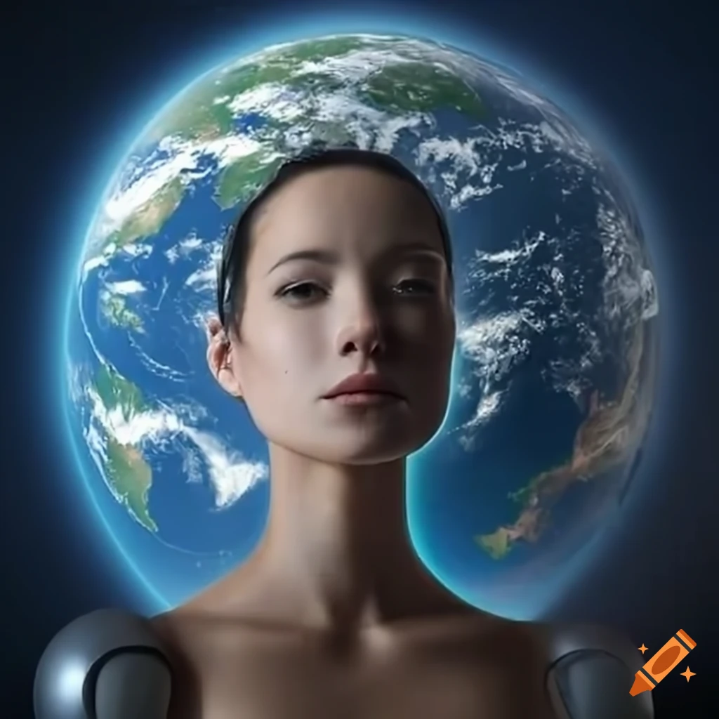 Futuristic Ai Robot Woman Observing Earth futuristic-ai-robot-woman-observing-earth