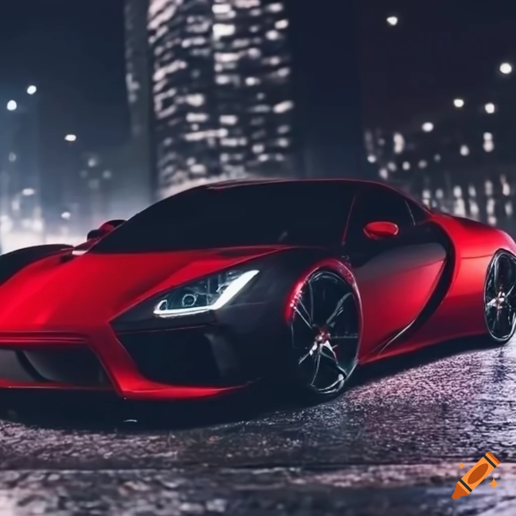 black and red sports car in a city at night