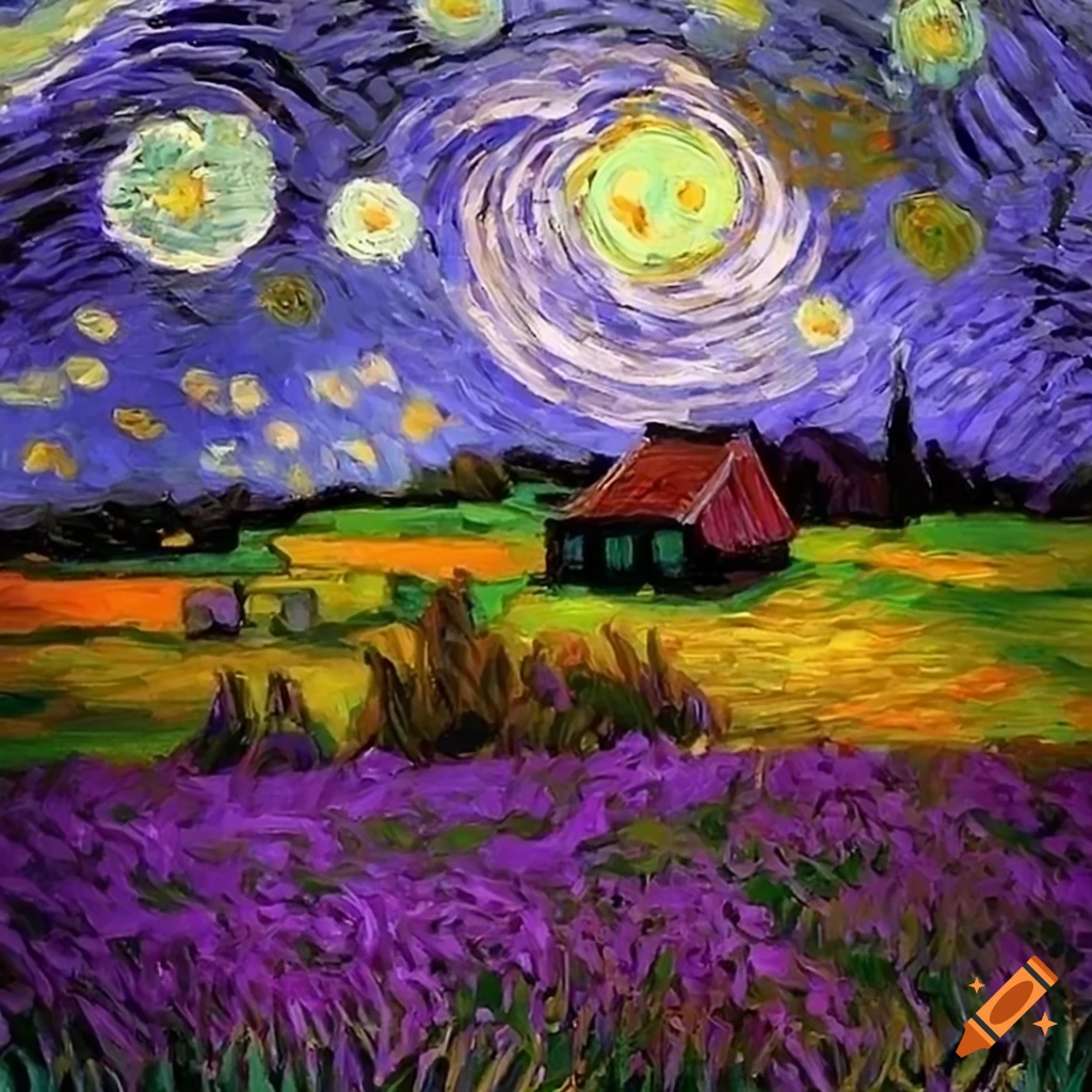 Van Gogh Style Oil Painting Of Purple Flower Fields On Craiyon
