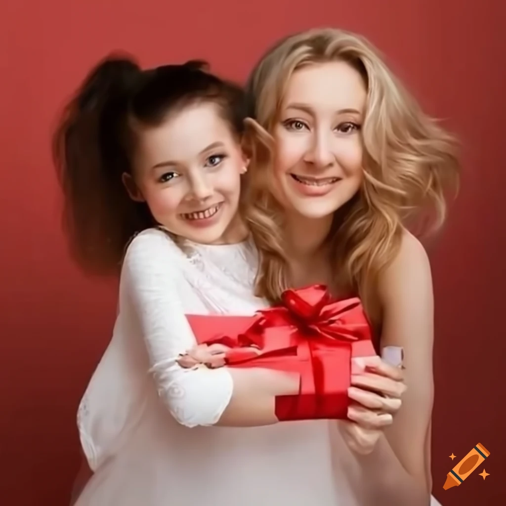 European-style mother and daughter with a gift
